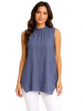 Moa Moa Sleeveless Smocked Neck Tunic - Denim Blue